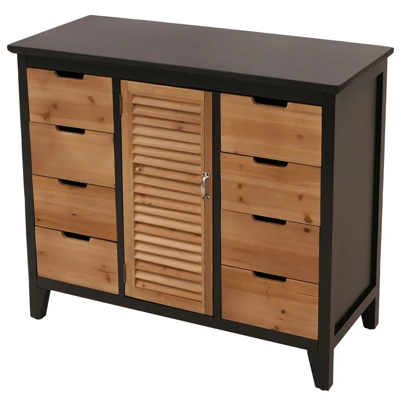 Commode style apothicaire vintage avec 8 tiroirs et 2 compartiments meuble de rangement shabby chic noir façade effet volets 04_0009124