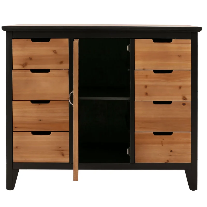 Commode style apothicaire vintage avec 8 tiroirs et 2 compartiments meuble de rangement shabby chic noir façade effet volets 04_0009124