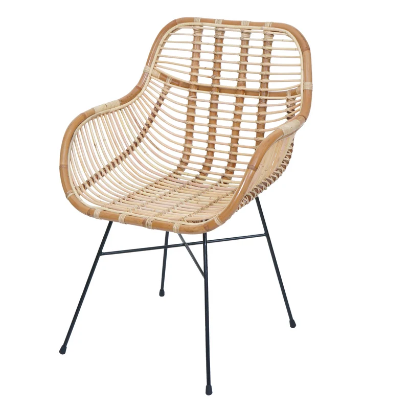 Chaise de salle à manger en rotin Kubu avec coussin vert en rotin naturel avec accoudoirs 04_0009154