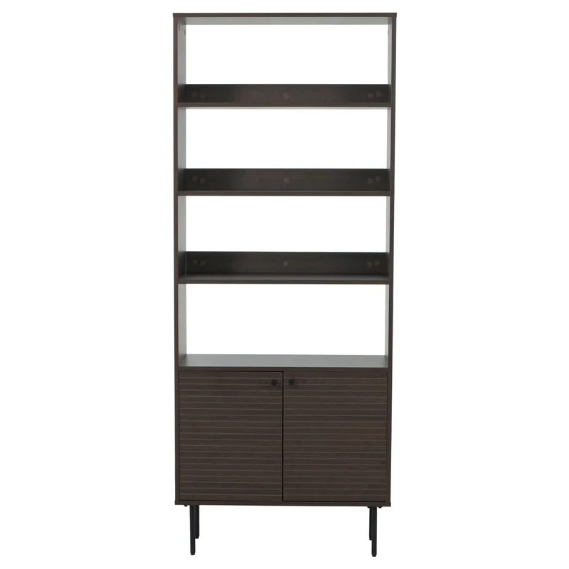 Bibliothèque design scandinave 200 cm étagère haute avec rangements et portes en bois foncé et métal 04_0009761