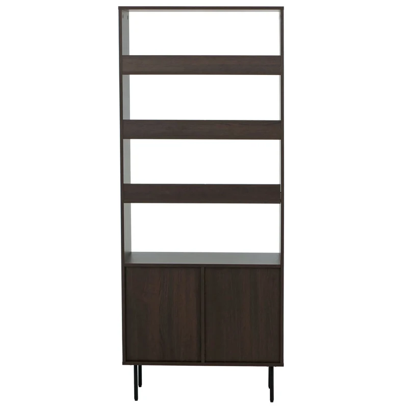Bibliothèque design scandinave 200 cm étagère haute avec rangements et portes en bois foncé et métal 04_0009761