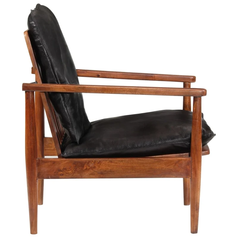 Fauteuil lounge design et moderne noir cuir véritable et bois d'acacia solide noir DEC028654