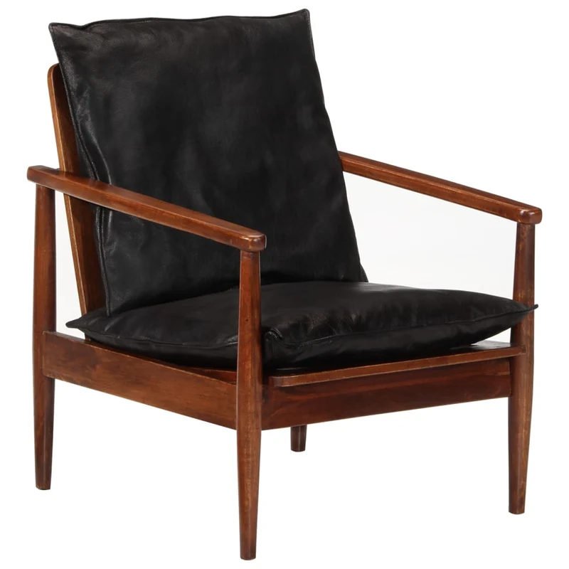 Fauteuil lounge design et moderne noir cuir véritable et bois d'acacia solide noir DEC028654