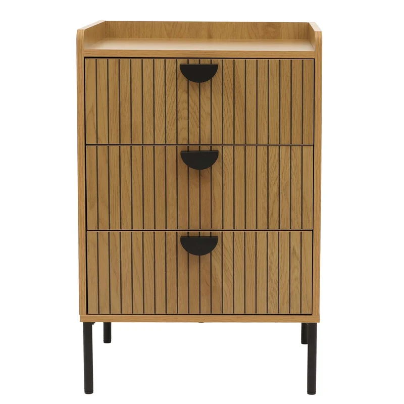 Commode design avec 3 tiroirs en bois finition naturelle avec façade à lames 77 x 50 x 42 cm 04_0009428