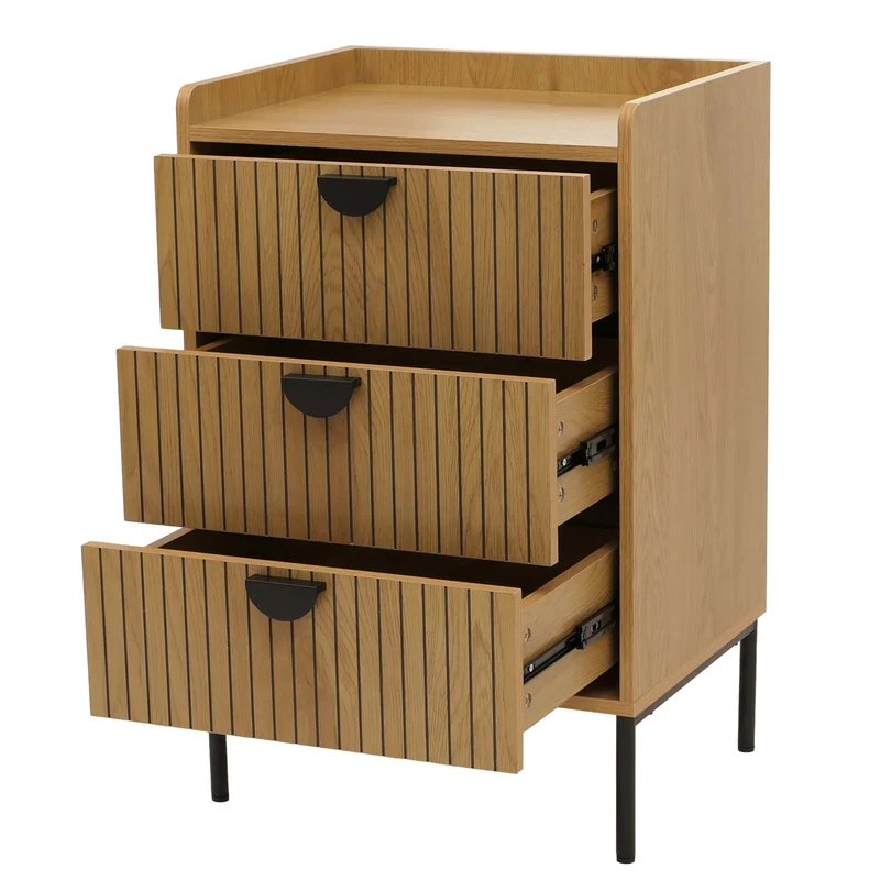 Commode design avec 3 tiroirs en bois finition naturelle avec façade à lames 77 x 50 x 42 cm 04_0009428