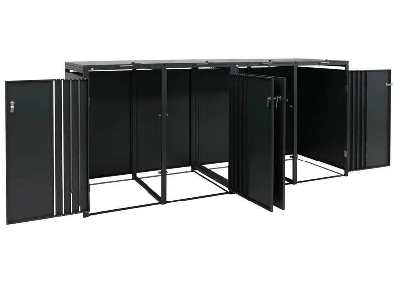 Cache-poubelles extérieur pour 4 bacs 80 à 240 L en acier anthracite abri poubelles avec couvercles et portes verrouillables 264 x 84 x 122 cm 04_0009344