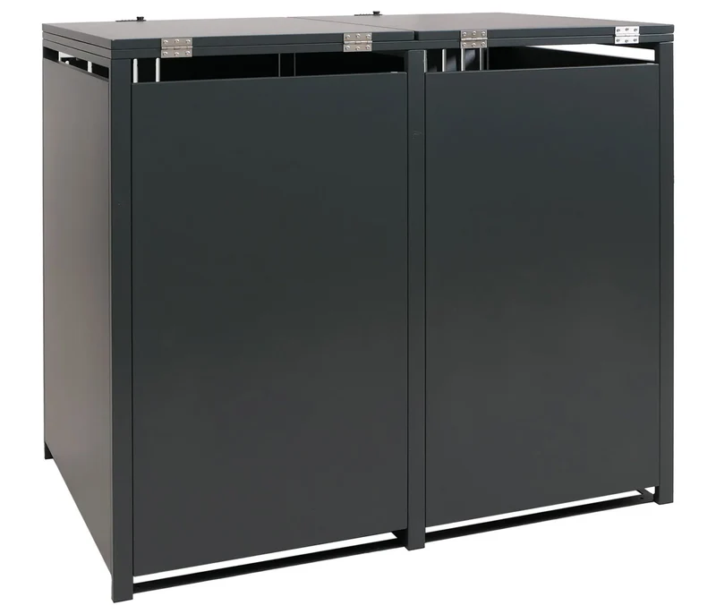 Cache-poubelles extérieur pour 2 bacs 80 à 240 L en acier anthracite effet bois foncé abri poubelles avec couvercles et portes verrouillables 132 x 84 x 122 cm 04_0009350