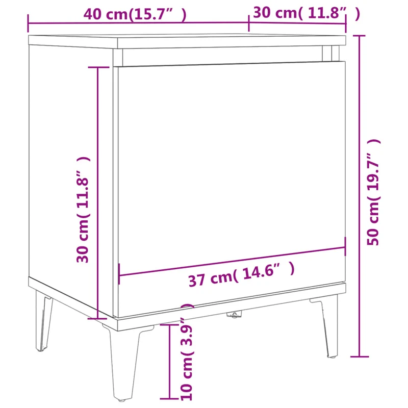 Table de chevet compartiment avec porte avec pieds en métal 40 x 30 x 50 cm bois d'ingénierie couleur chêne fumé DEC033235