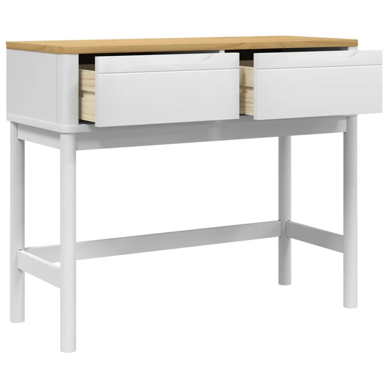 Table console avec deux tiroirs 89,5 x 36,5 x 73 cm bois de pin et MFD blanc et chêne DEC031988