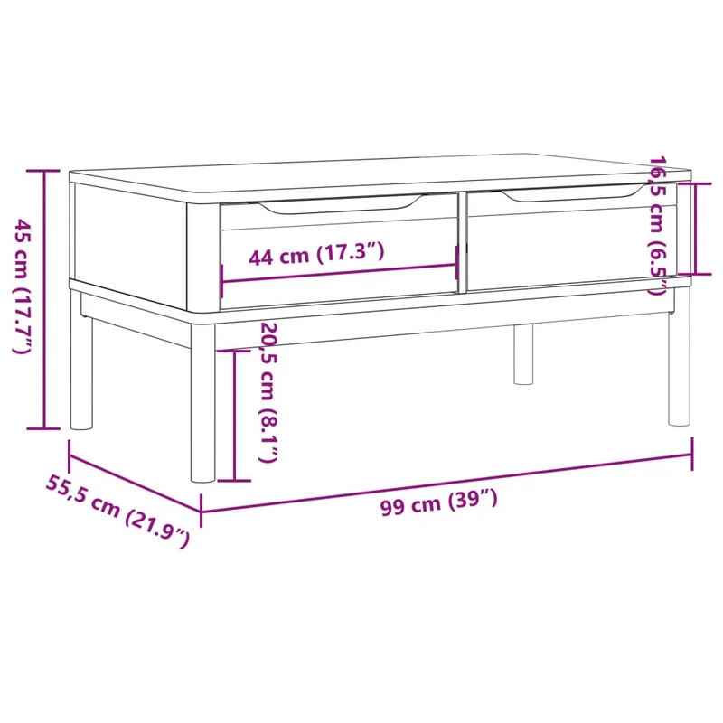 Table basse design moderne et contemporaine avec deux tiroirs 99 x 55,5 x 45 cm bois massif de pin blanc DEC039135