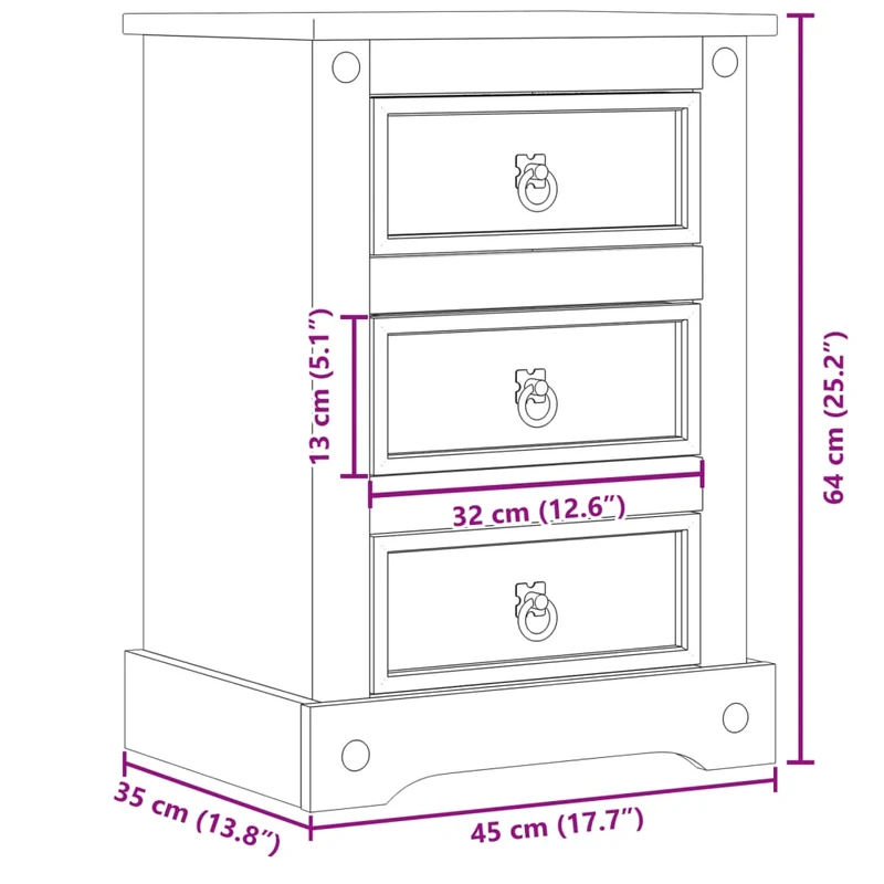 Table de chevet avec 3 tiroirs 45 x 35 x 64 cm bois de pin MDF et métal DEC033904