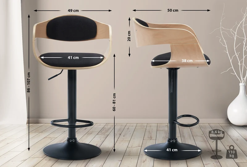 Tabouret de bar x1 design scandinave en tissu noir et structure en bois clair pieds métal noir 10_0005039