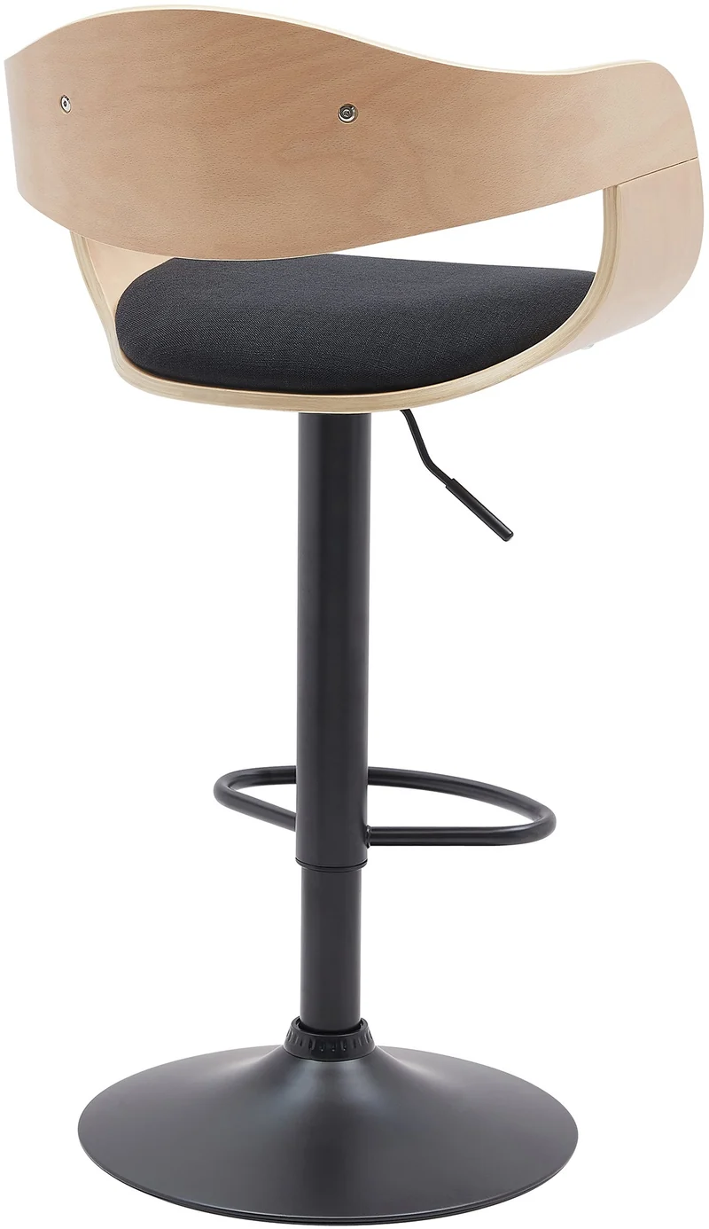 Set de 2 tabourets de bar chaises hautes pieds trompette en métal noir assise en bois clair et tissu noir TDB10762