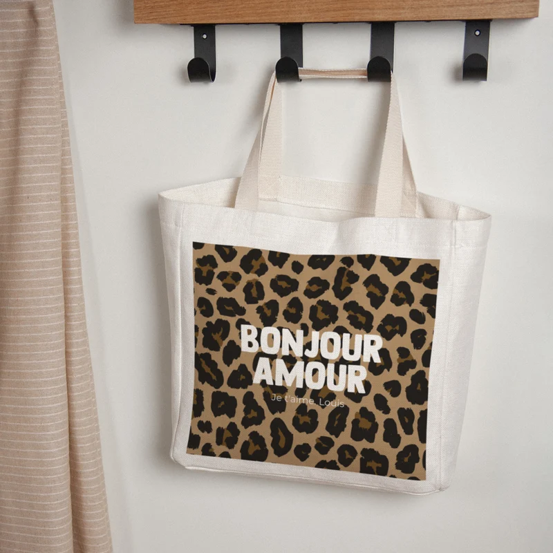 Tote bag Objets Anse en toile Bonjour amour léopard