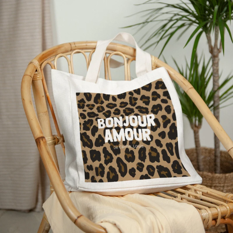 Tote bag Objets Anse en toile Bonjour amour léopard