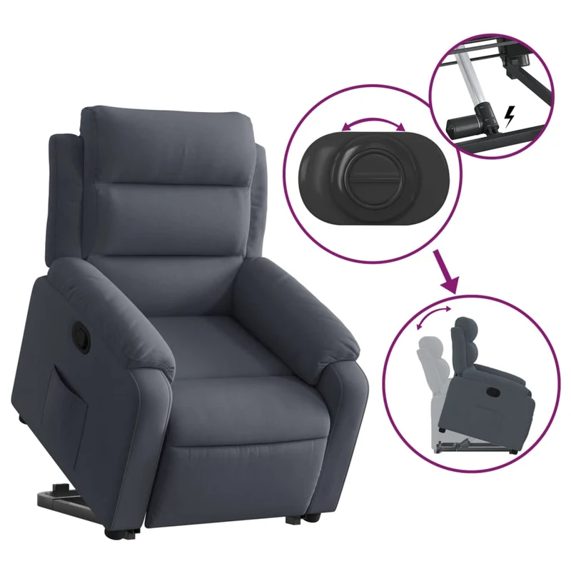 Fauteuil relax TV rembourrage confortable fonction de levage électrique en velours gris foncé DEC027966