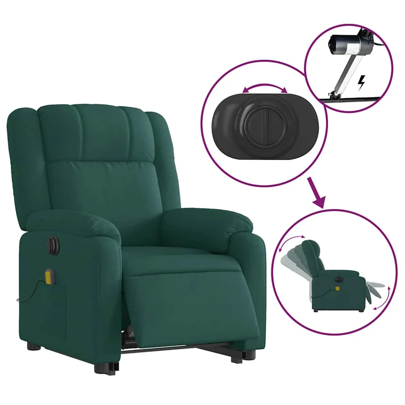 Fauteuil de relaxation fonction massage et inclinable levage électrique en tissu vert foncé DEC027878