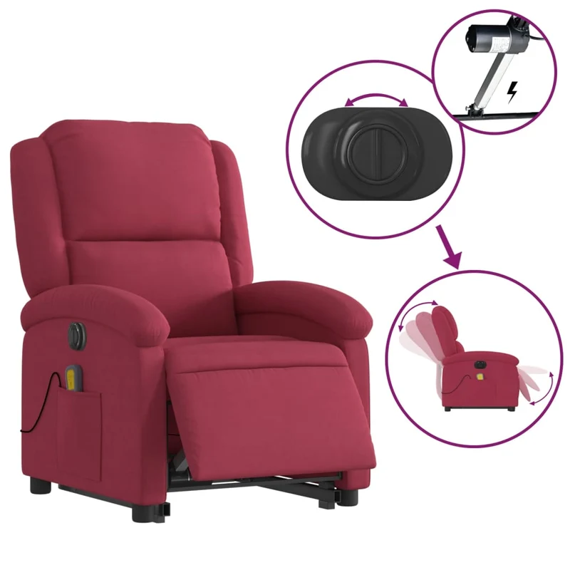 Fauteuil de relaxation fonction massage et inclinable levage électrique en velours rouge bordeaux DEC027834