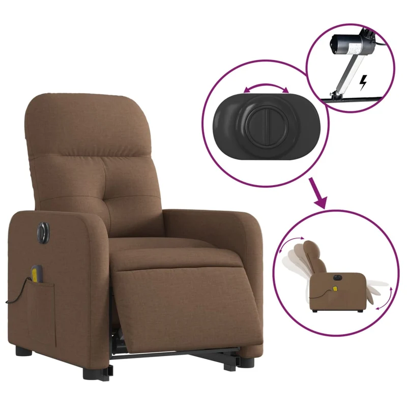 Fauteuil de relaxation fonction massage et inclinable levage électrique en tissu marron DEC027792