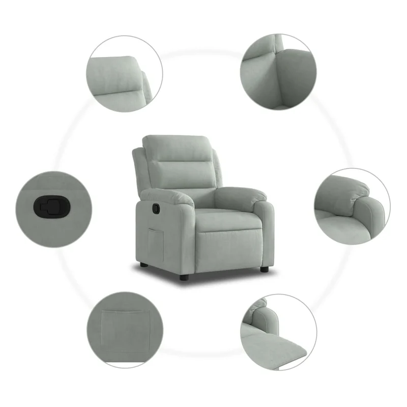 Fauteuil relax TV rembourrage confortable fonction d'inclinaison manuelle en velours gris clair DEC027919