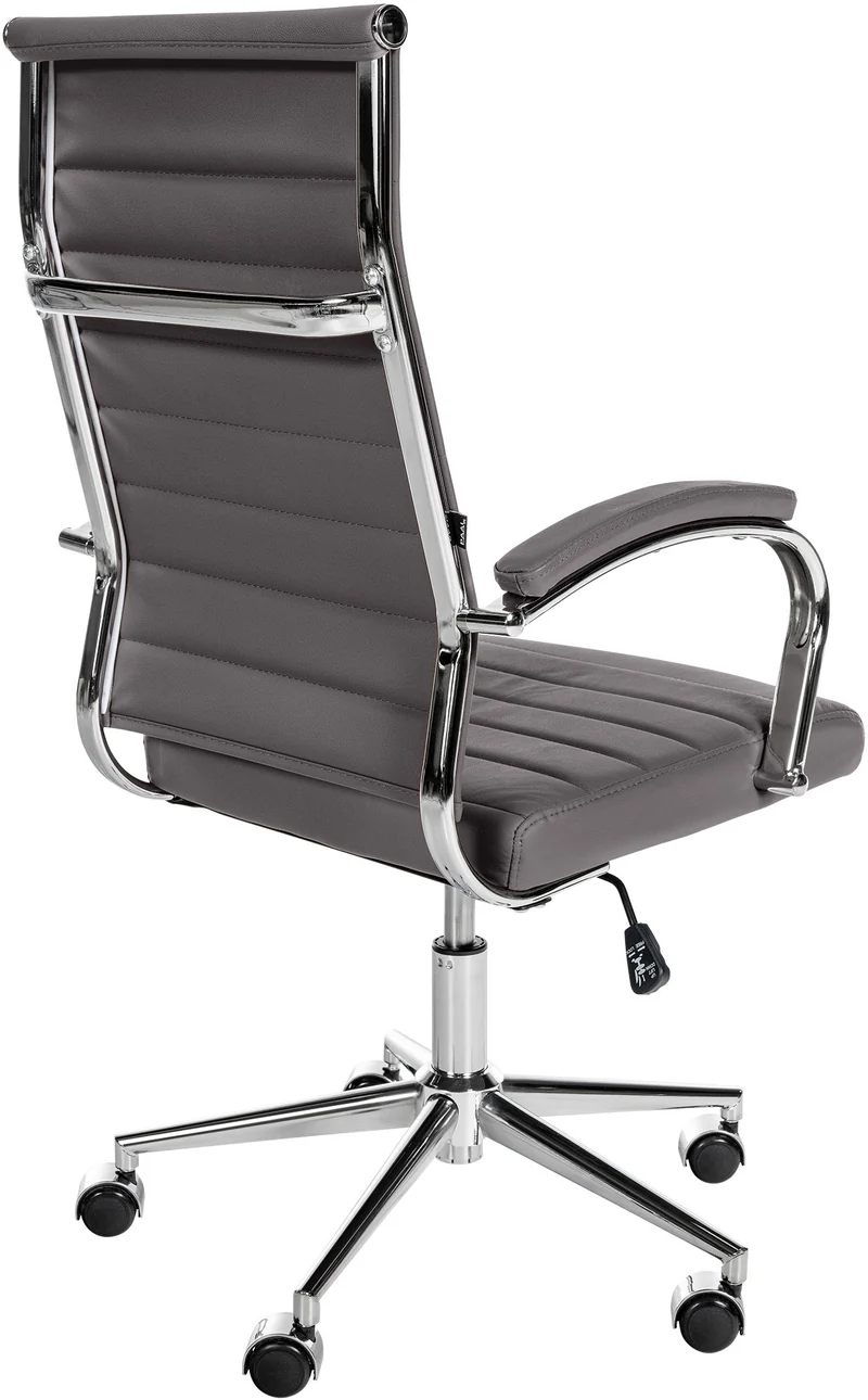 Fauteuil de bureau en cuir véritable gris surpiqûre horizontale et pieds métal chromé 10_0002558