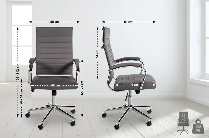 Fauteuil de bureau en cuir véritable gris surpiqûre horizontale et pieds métal chromé 10_0002558