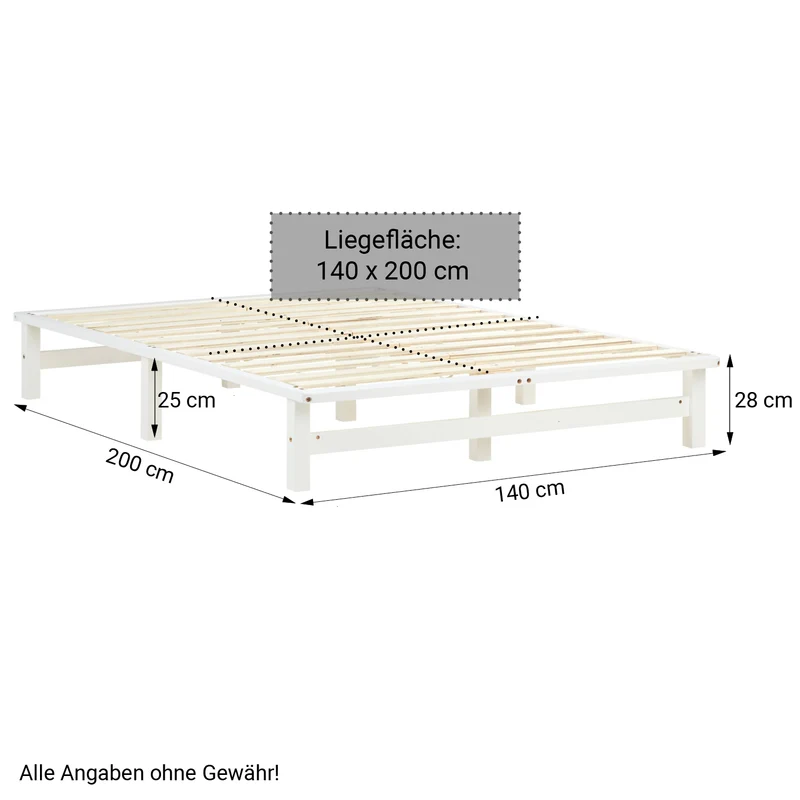Lit design palette avec sommier à lattes 140x200 cm en bois massif blanc LIT06240