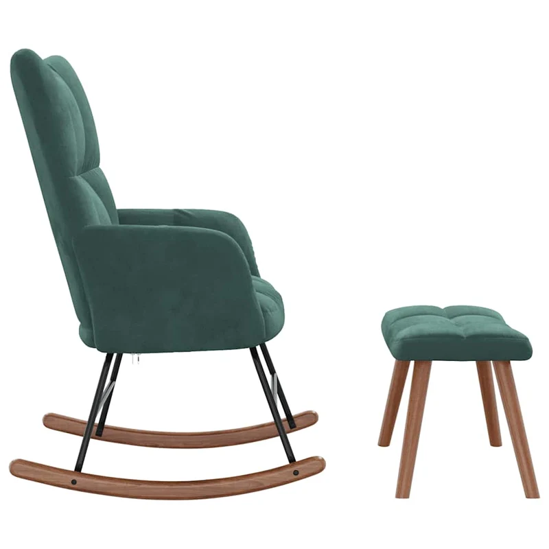 Fauteuil à bascule d'allaitement rembourré relax pour salon avec repose-pied en velours vert foncé DEC028852
