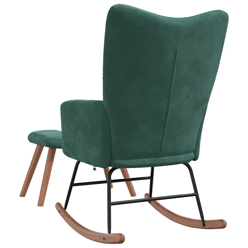 Fauteuil à bascule d'allaitement rembourré relax pour salon avec repose-pied en velours vert foncé DEC028852