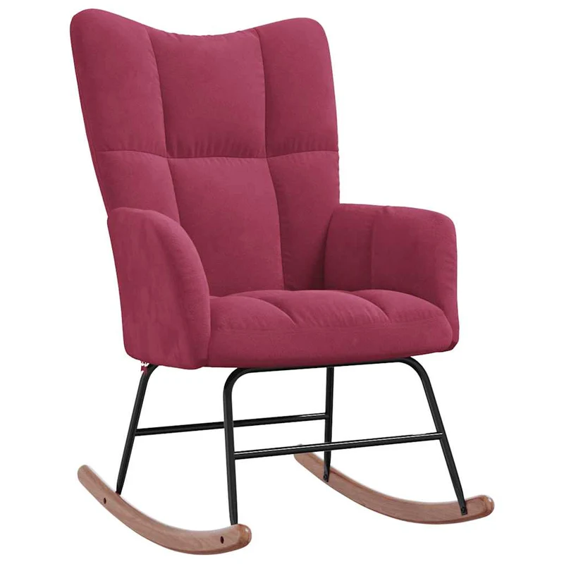 Fauteuil à bascule d'allaitement rembourré relax pour salon avec repose-pied en velours rouge bordeaux DEC028844
