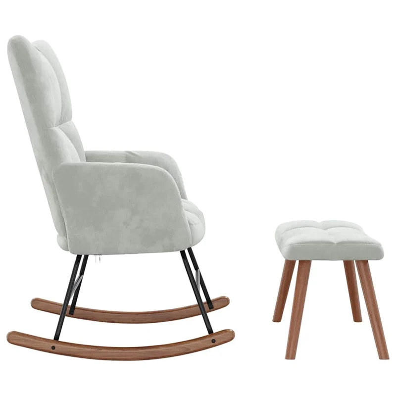 Fauteuil à bascule d'allaitement rembourré relax pour salon avec repose-pied en velours gris clair DEC028788