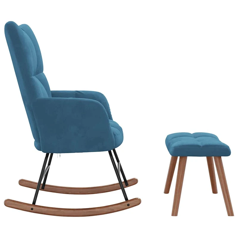 Fauteuil à bascule d'allaitement rembourré relax pour salon avec repose-pied en velours bleu DEC028775