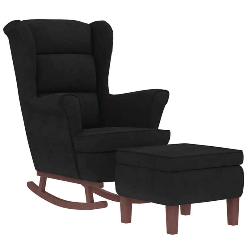 Fauteuil à bascule d'allaitement avec repose-pieds rembourré relax pour salon avec pieds en bois et velours noir DEC028764