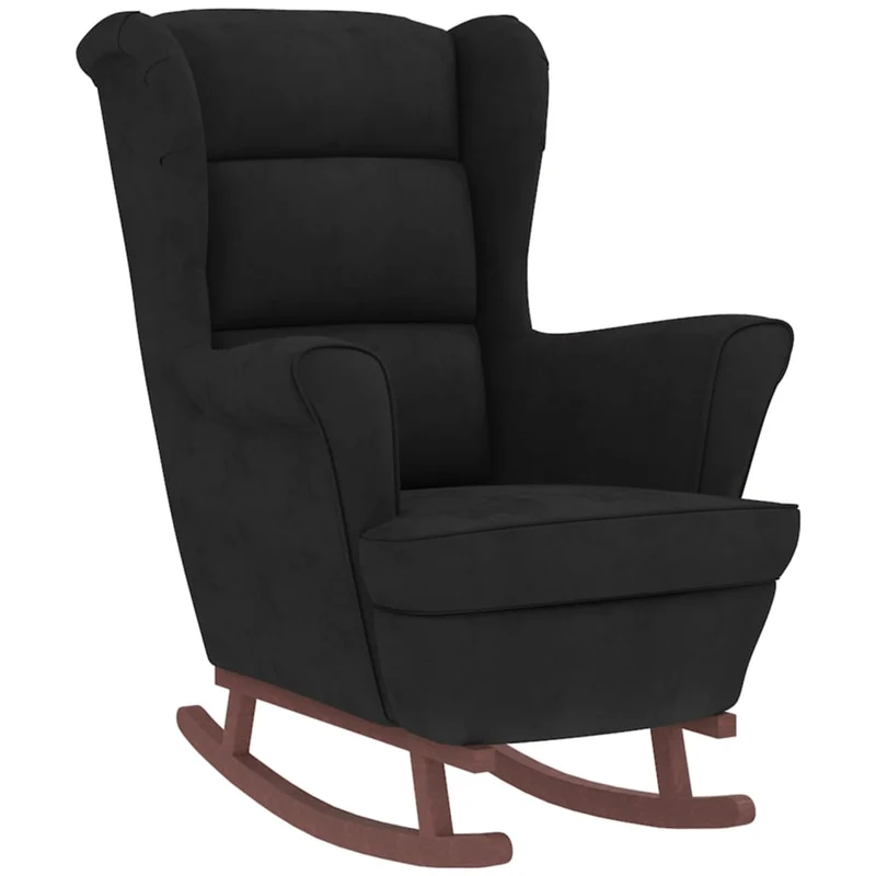 Fauteuil à bascule d'allaitement avec repose-pieds rembourré relax pour salon avec pieds en bois et velours noir DEC028764