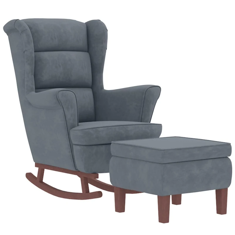 Fauteuil à bascule d'allaitement rembourré relax pour salon avec repose-pieds avec pieds en bois et velours gris foncé gris DEC028758