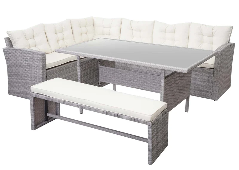 Ensemble complet de salon de jardin terrasse balcon véranda en polyrotin gris clair coussin crème avec banc 04_0004173