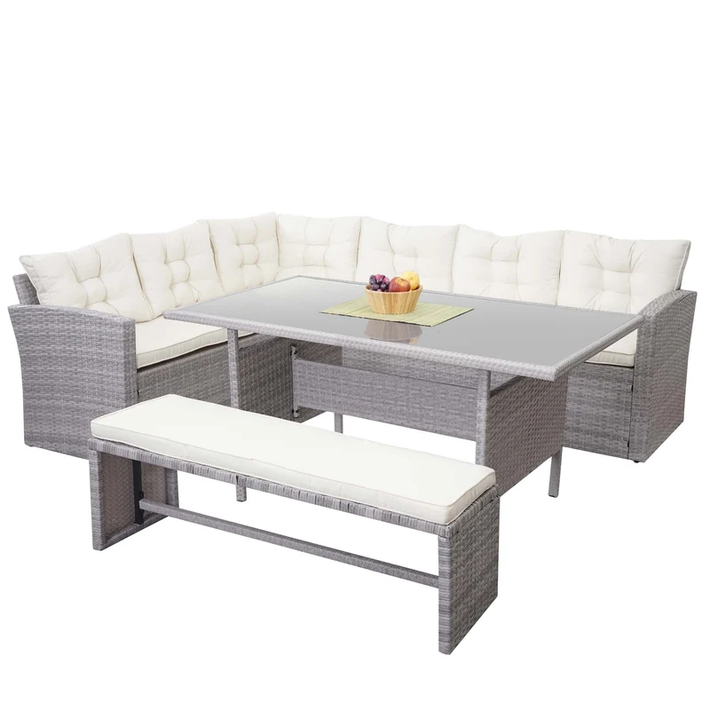 Ensemble complet de salon de jardin terrasse balcon véranda en polyrotin gris clair coussin crème avec banc 04_0004173
