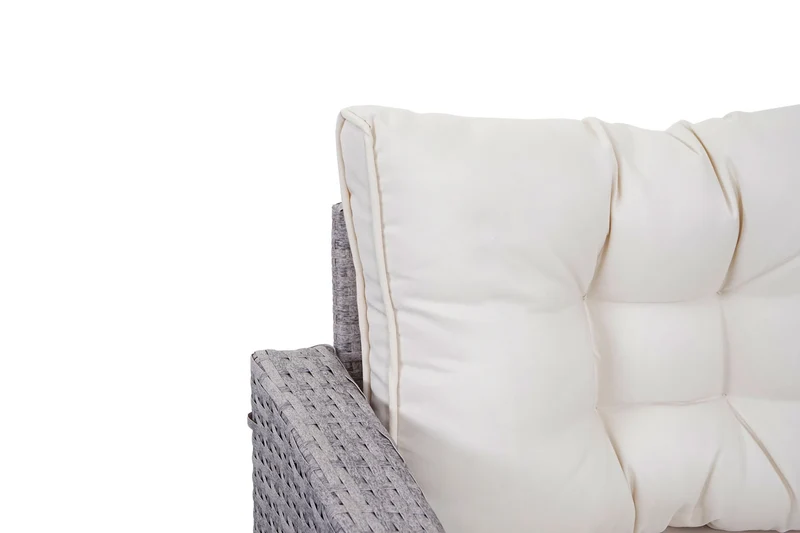 Ensemble complet de salon de jardin terrasse balcon véranda en polyrotin gris clair coussin crème avec banc 04_0004173