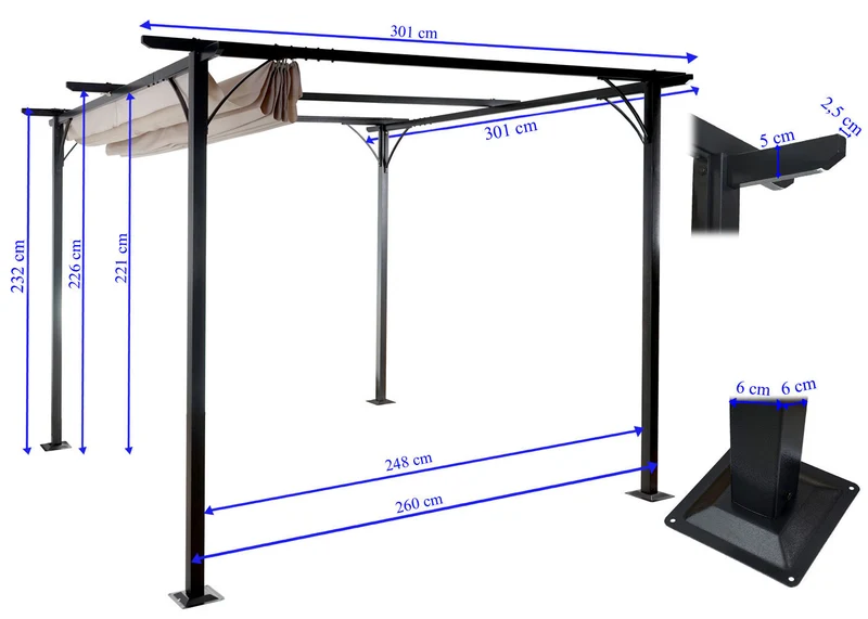 Pergola gazebo de jardin cadre stable 6cm + toit ouvrant 3x3m crème 04_0004114