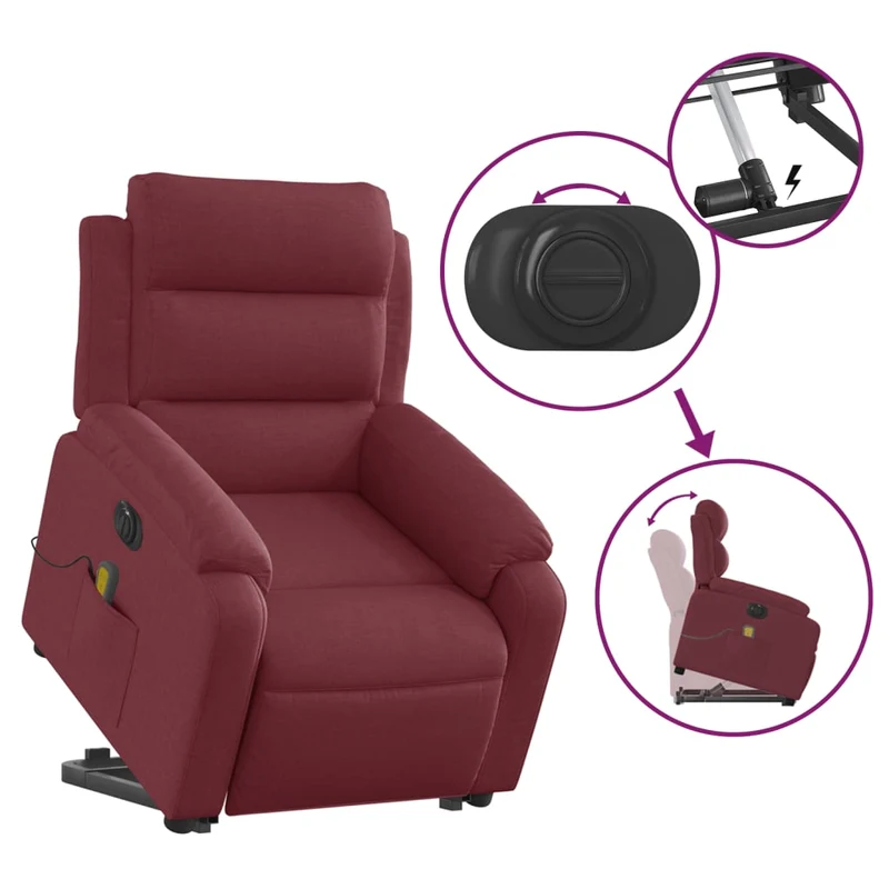 Fauteuil de relaxation fonction massage et inclinable levage électrique en tissu rouge bordeaux DEC027847