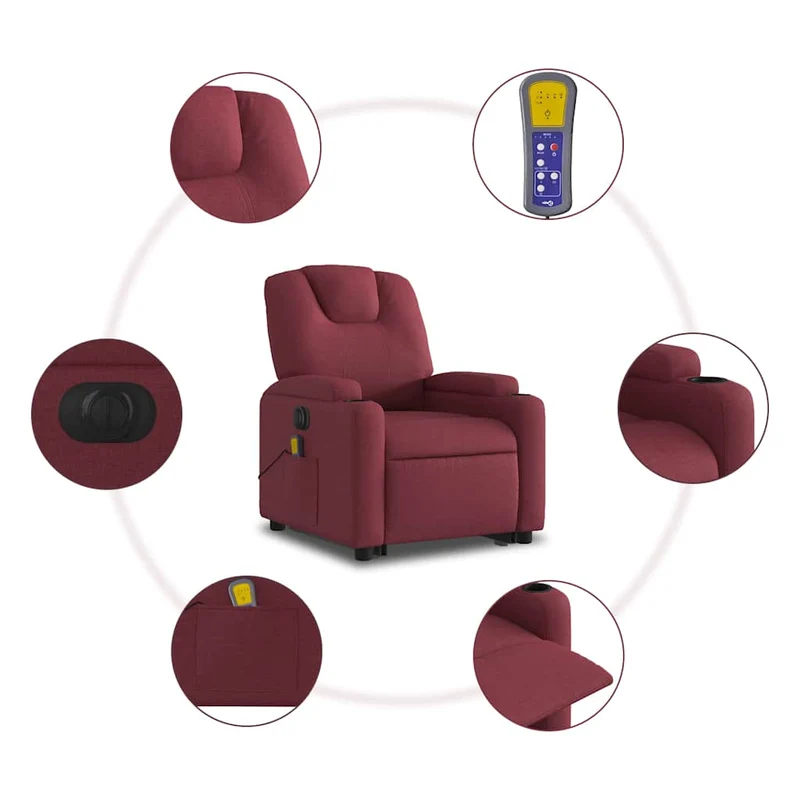 Fauteuil de relaxation fonction massage et inclinable levage électrique en tissu rouge bordeaux DEC027842