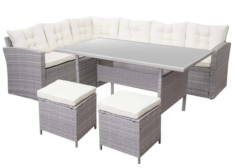Ensemble complet de salon de jardin terrasse balcon véranda en polyrotin gris clair coussin crème avec tabouret x2 04_0004194