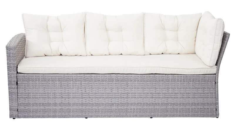 Ensemble complet de salon de jardin terrasse balcon véranda en polyrotin gris clair coussin crème avec tabouret x2 04_0004194