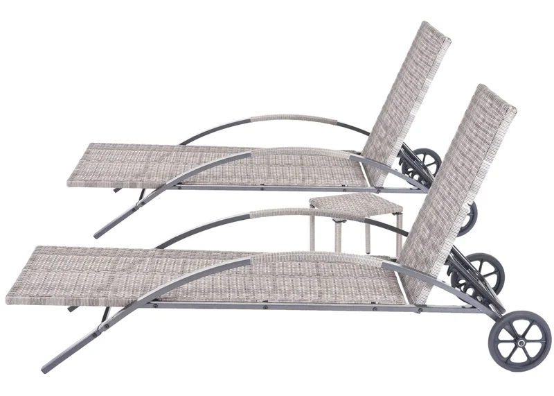 Ensemble de 2 chaises longues bain de soleil transat de jardin avec petite table polyrotin gris coussins gris 04_0002963