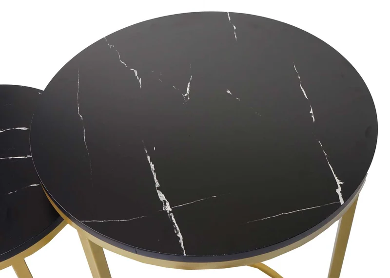 Lot de 2 tables d'appoint table de chevet aspect marbre MDF noir et doré 04_0007448
