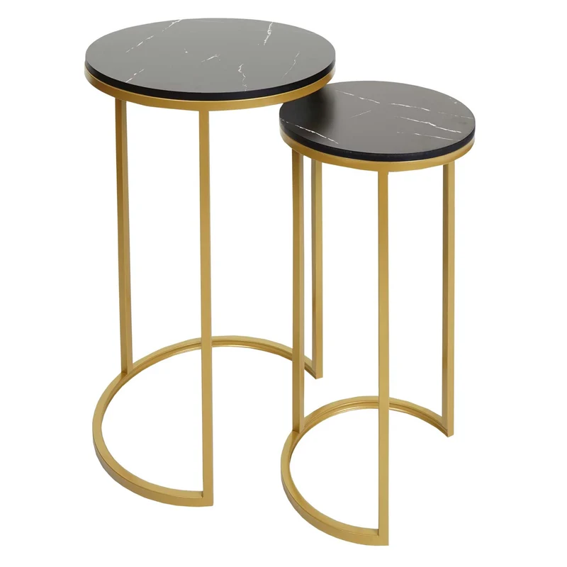 Lot de 2 tables d'appoint table de chevet aspect marbre MDF noir et doré 04_0007448