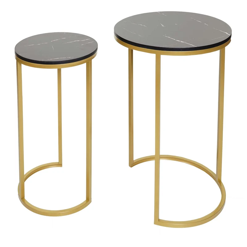 Lot de 2 tables d'appoint table de chevet aspect marbre MDF noir et doré 04_0007448