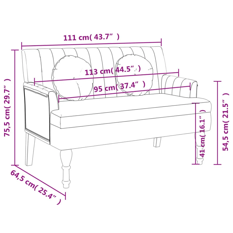 Banc avec dossier coussins et accoudoirs 113 x 64,5 x 75,5 cm en tissu gris clair pieds en bois DEC024629