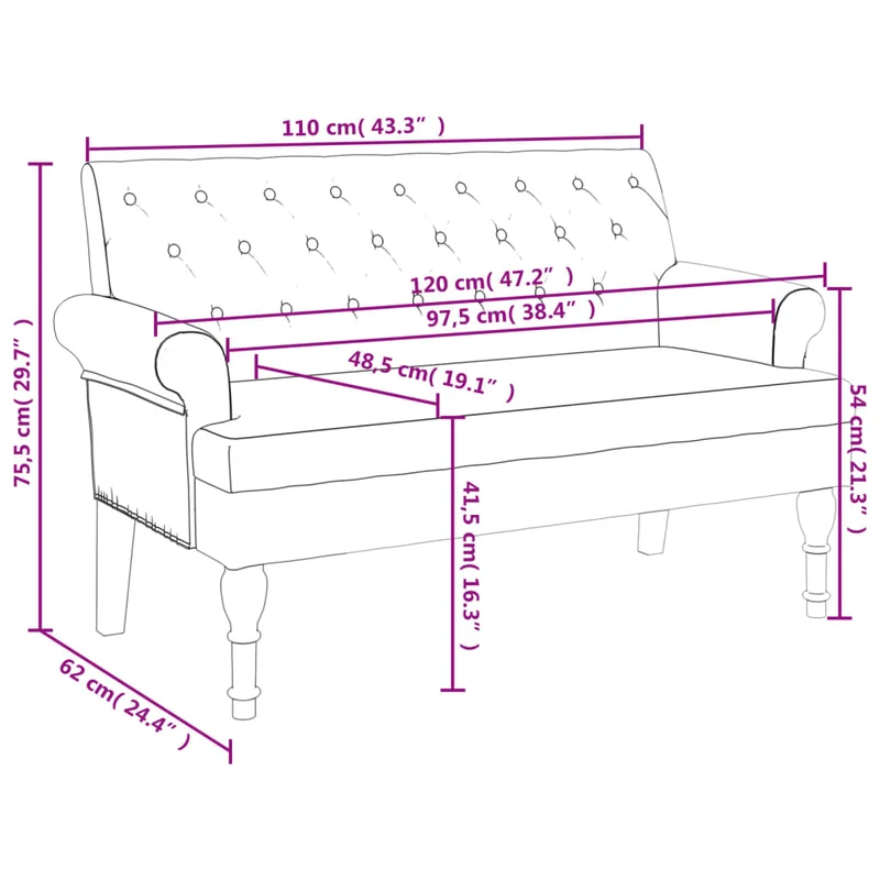 Banquette banc avec dossier capitonné et accoudoirs 120 x 62 x 75,5 cm tissu noir DEC024657