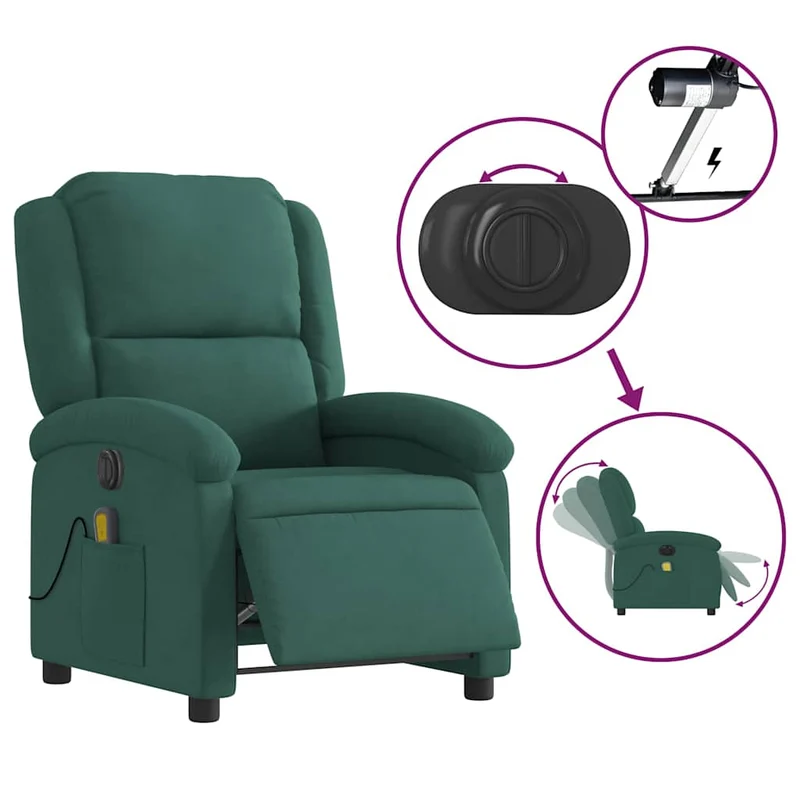 Fauteuil de relaxation fonction massage et inclinable en velours vert foncé DEC027880